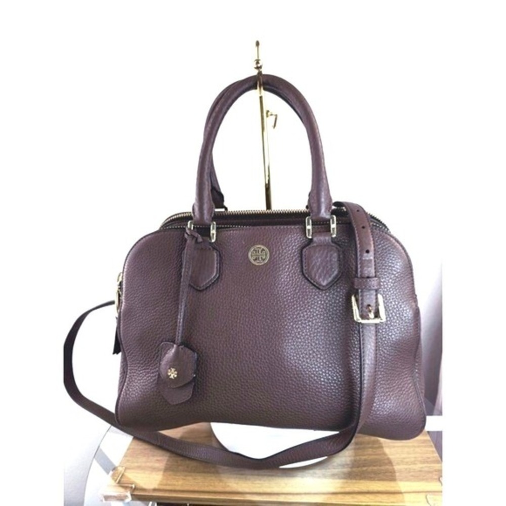 Tory Burch Robinson Pebbled Leather Triple Zip Compartment Satchel Brown Gold